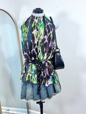 Susie Rose Sleeveless Halter Blouse with Abstract Green & Purple Print
